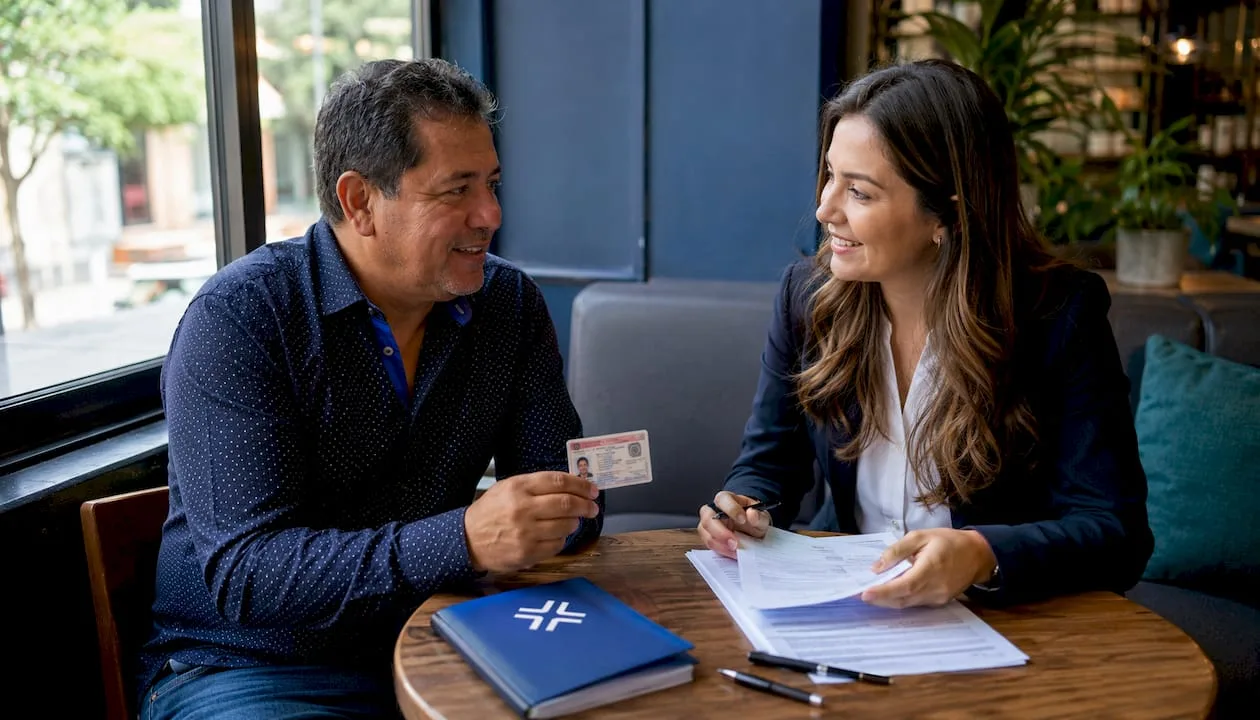 Nuevo residente presentando identificación en ventanilla bancaria