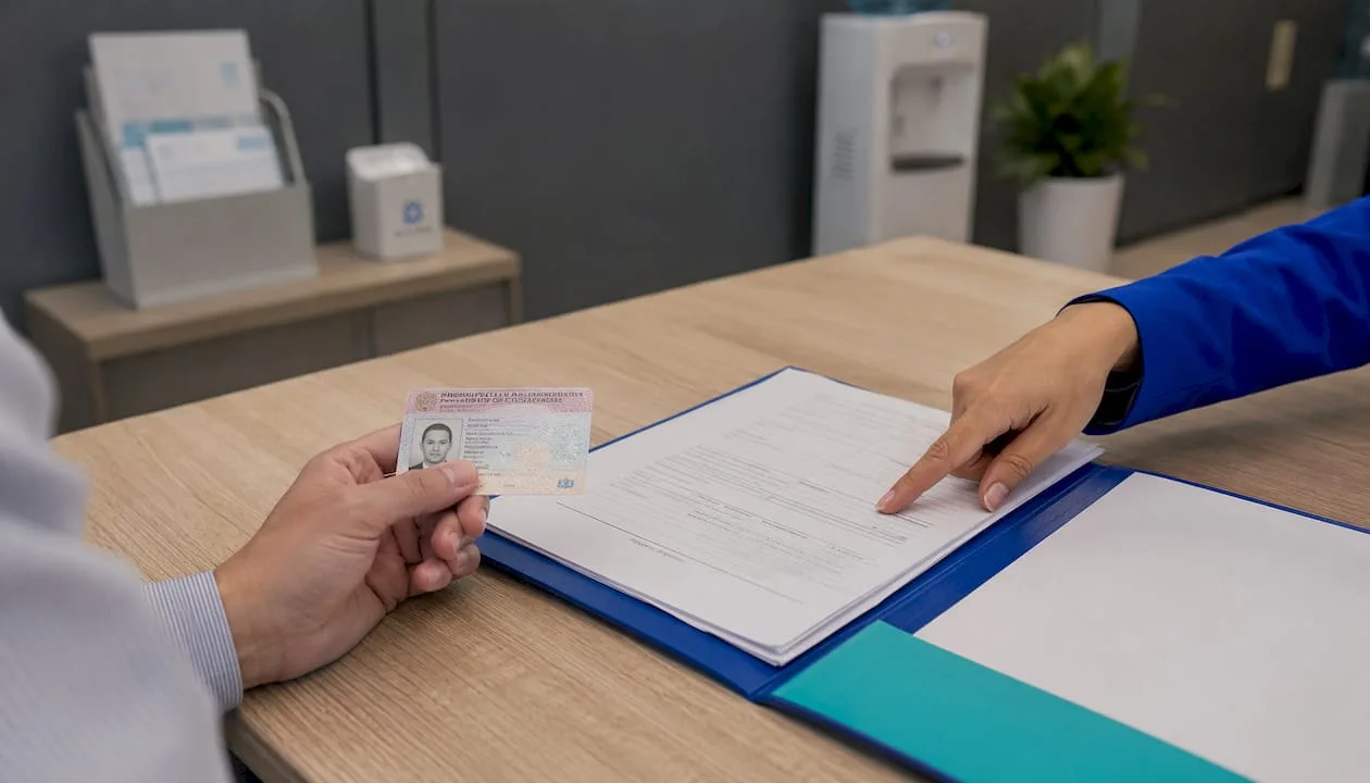 Manos sosteniendo cédula paraguaya y formularios bancarios
