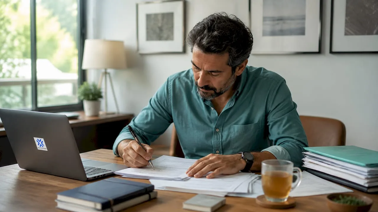 Hombre revisando documentos fiscales en oficina en casa
