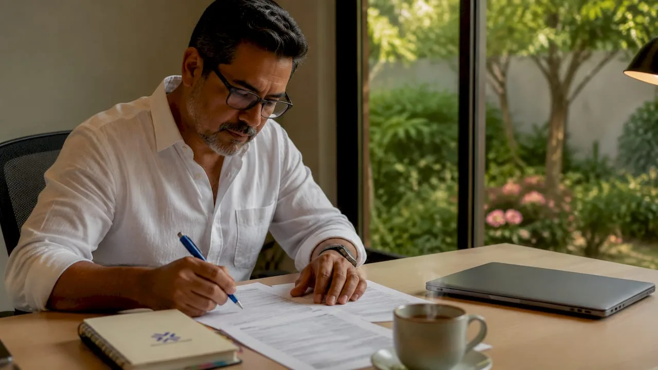 Man reviewing IRS tax documents at home table