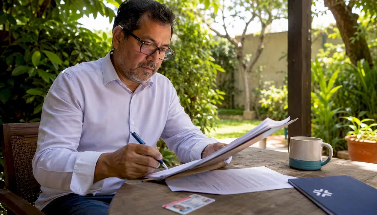 Expat reviewing legal domicile documents at desk