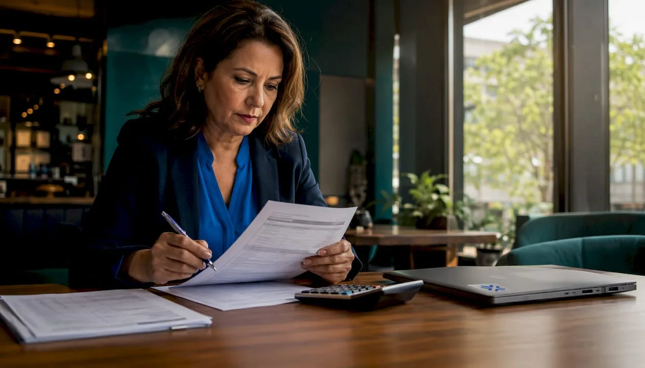 Woman reviewing Paraguayan tax documents at desk