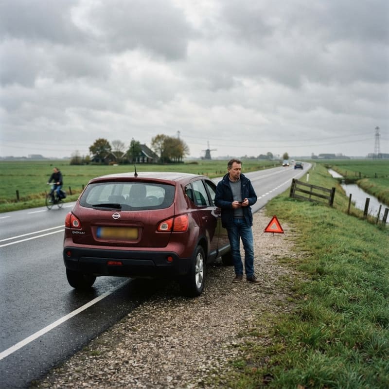 Nissan met pech langs een provinciale weg in Nederland