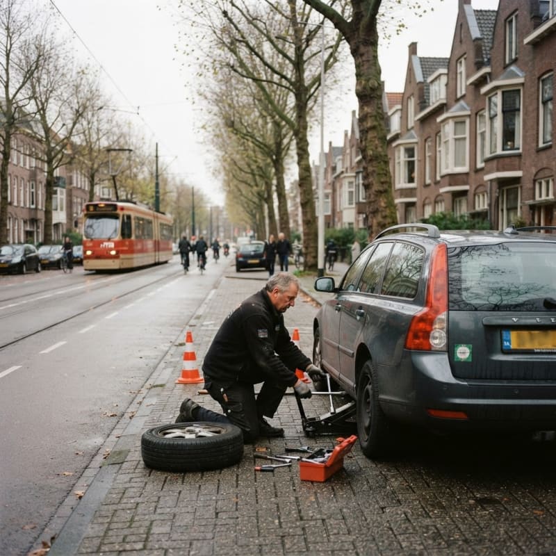Pechhulpmonteur vervangt een band in Den Haag