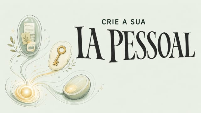 Ilustração conceitual mostrando como configurar seu aplicativo de IA pessoal com notas, chave e uma esfera de luz brilhante.