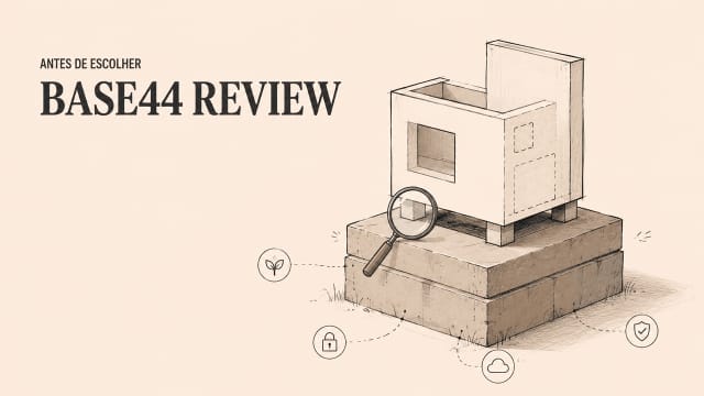 Ilustração conceitual com lupa e elementos de arquitetura usada em um Base44 review detalhado sobre a plataforma.