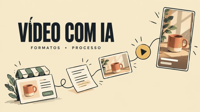 Ilustração do processo criativo de produção de anúncios em vídeo com IA a partir de imagens e smartphones.