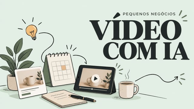 Ilustração conceitual com ícones de planejamento e gadgets para estratégias de marketing em vídeo com IA.