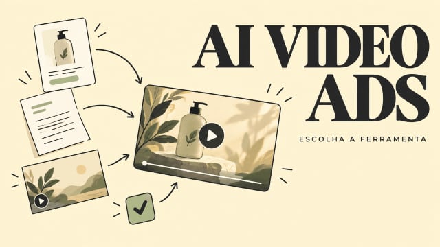 Fluxo de trabalho de um gerador de anúncios em vídeo com IA transformando imagens e textos em mídias.