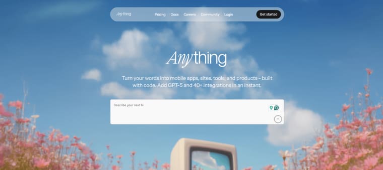 This interface introduces Anything, a powerful Create.xyz alternative that turns ideas into functional mobile apps, sites, and products.