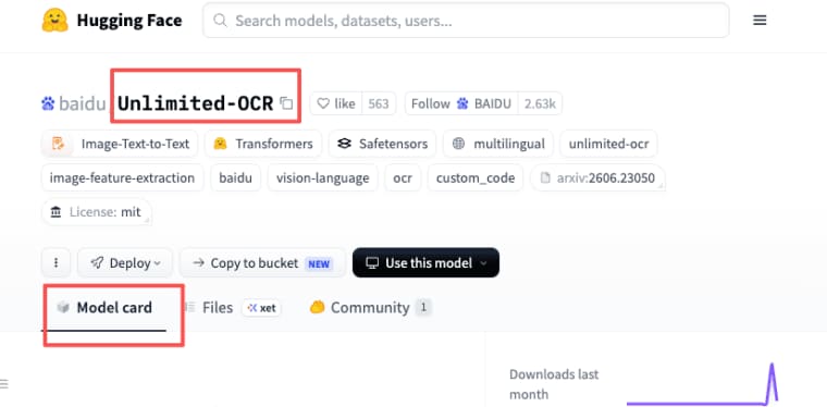 Access high-performance models like Unlimited-OCR on Hugging Face to build an OCR app with advanced vision-language capabilities.