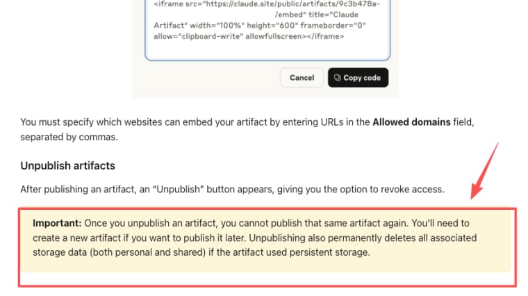 Critical guidelines for managing data when converting a Claude Artifact to AI app, including permanent deletion warnings.