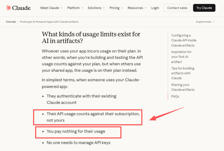 Explanation of how API usage is billed when users interact with your custom Claude Artifact to AI app in production.
