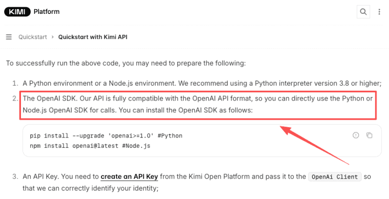 Learn how to set up your environment and call the Kimi API using compatible OpenAI SDKs for Python or Node.js development.