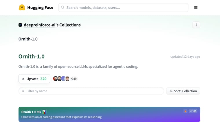 Access and deploy various Ornith-1.0 model versions designed to act as advanced AI coding assistants with reasoning capabilities.
