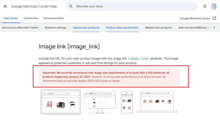 Ensure your product images meet the new 500x500 pixel requirements for best performance when using Muse Image in listings.