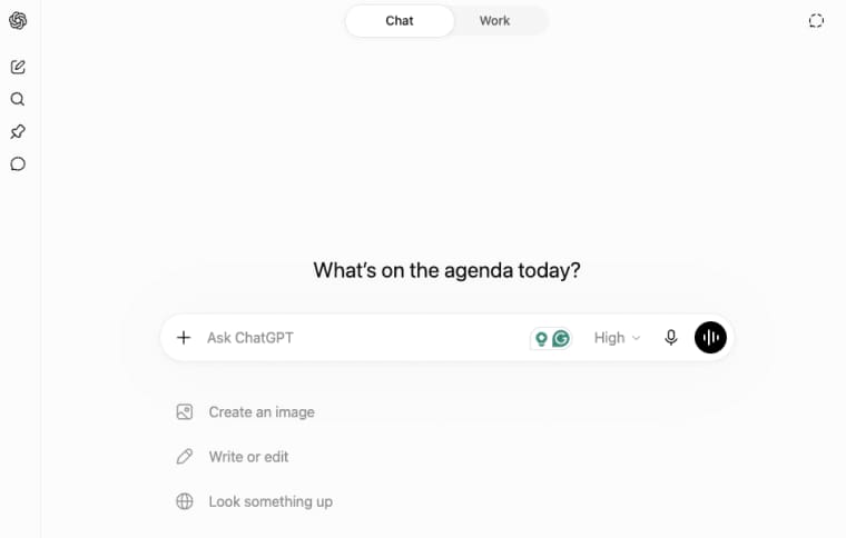 The main dashboard interface used to help turn ChatGPT workflow into an app by utilizing advanced chat and work tools.