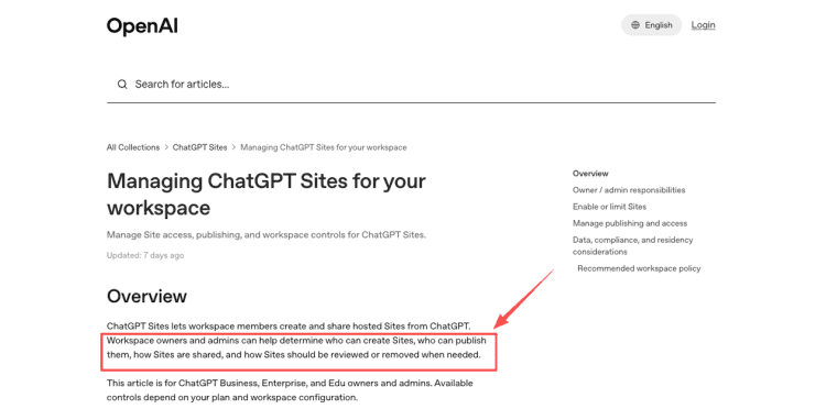Understand workspace controls and admin policies for managing permissions and sharing settings in ChatGPT Sites. 