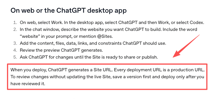 Follow deployment instructions and learn how to use ChatGPT Sites to generate production URLs for your apps.