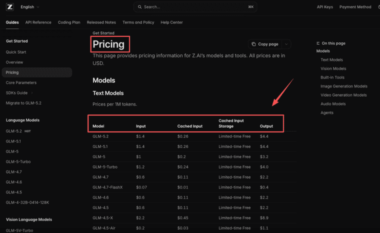 Check token pricing and cost structures when you build AI app GLM-5.2 workflows using Z.AI language models.