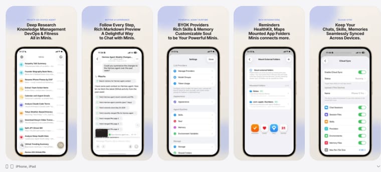 Explore the user interface of this personal AI app featuring deep research tools, chat previews, and iCloud sync.