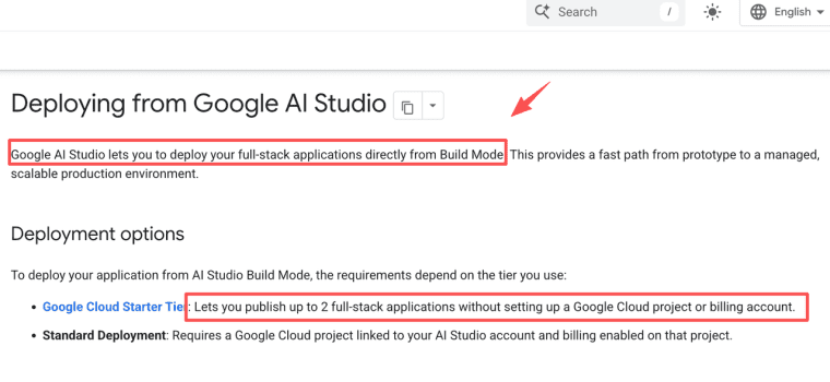 Deploy full-stack projects directly using starter tiers offered by the google ai studio app builder workflow.