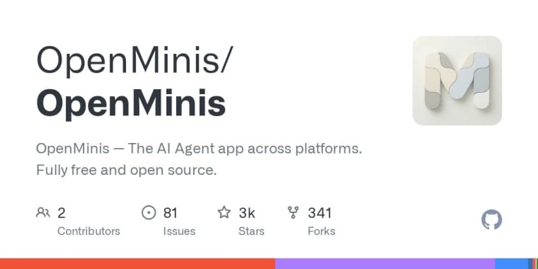 Repositório GitHub do OpenMinis com estatísticas e dados do projeto de aplicativo de IA pessoal open source.