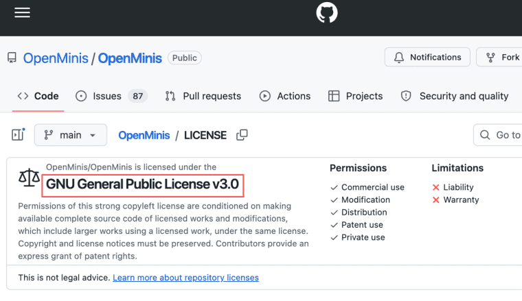 Detalhes da licença GNU GPL v3.0 no GitHub para o código fonte aberto do aplicativo de IA pessoal.