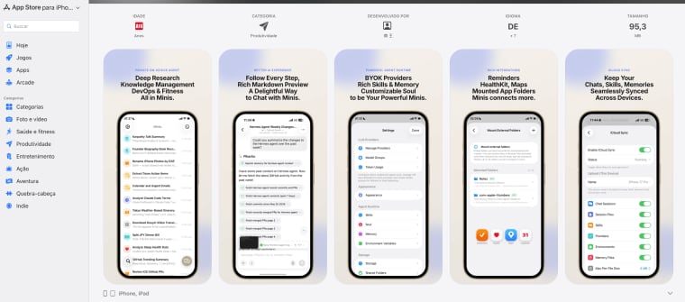 Múltiplas capturas de tela da App Store exibindo as funcionalidades avançadas deste aplicativo de IA pessoal móvel.