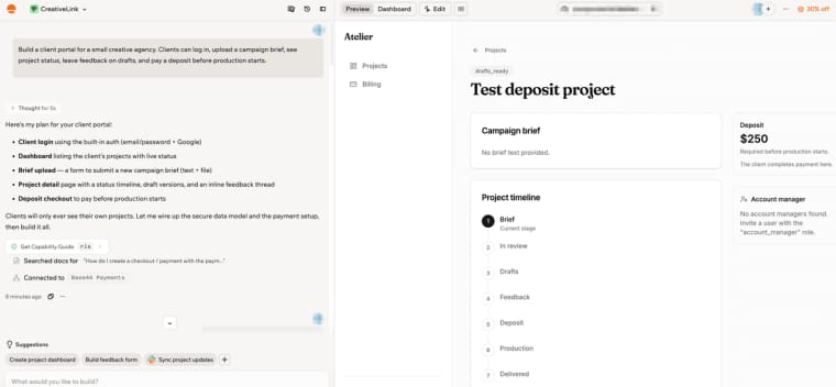 Read our Base44 review highlighting the client portal features, including project timelines, brief uploads, and deposit payments.