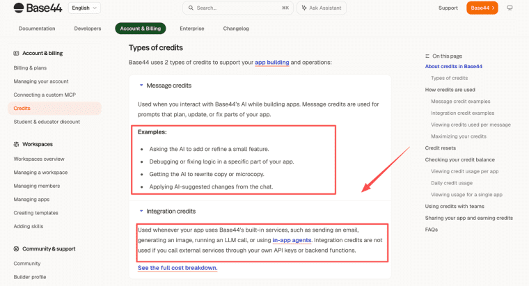 This Base44 review explains the two credit types used for app building, detailing message credits and integration usage.