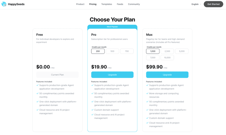 Compare pricing tiers and subscription options for building AI apps with integrated Cloudflare Agent Wallet support.