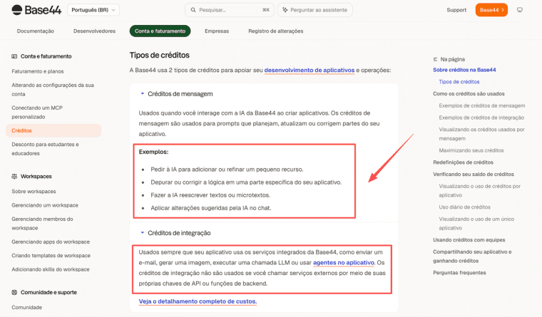 Página de documentação detalhando os tipos de créditos de mensagem e integração explicados no Base44 review.