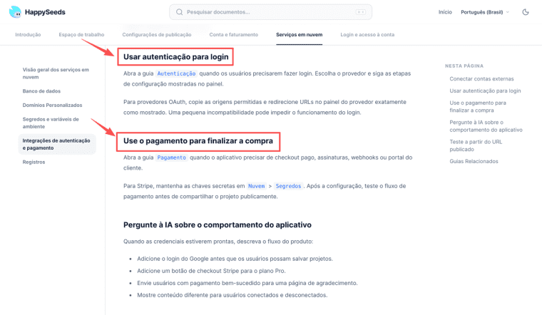 Guia de configuração de autenticação e checkout exibido como exemplo prático dentro deste Base44 review.