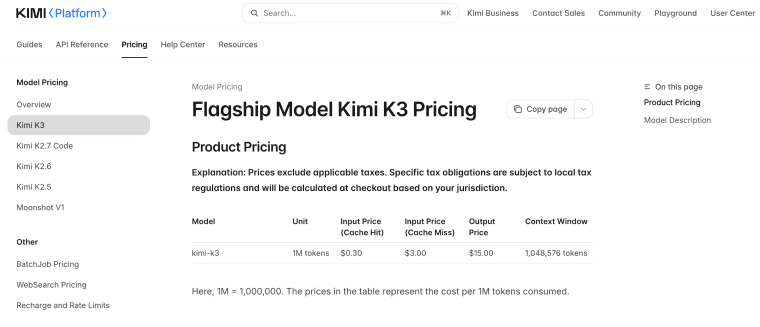 View token rates and pricing details for the advanced kimi k3 ai model, including input and output costs. 