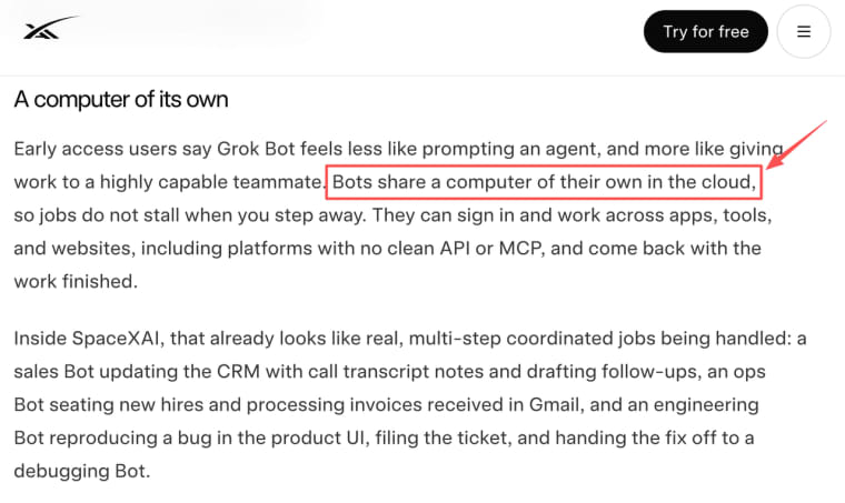 Learn how the Grok Bot product operates on a dedicated cloud computer to handle complex, multi-step tasks across apps. 