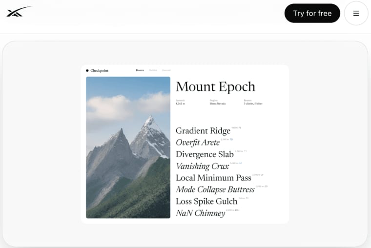 Inspect a professional mountaineering app user interface mockup designed using a modern Grok 4.6 AI app. 