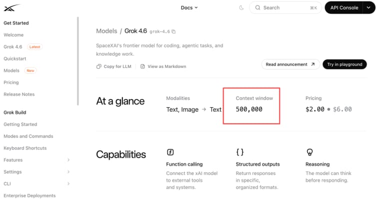 Explore technical specifications including the 500k context window for the Grok 4.6 Cursor development platform.