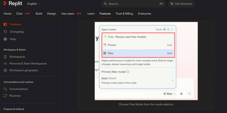 Select options like Replit Free Mode from the agent mode dropdown menu to use zero-cost models for coding tasks.
