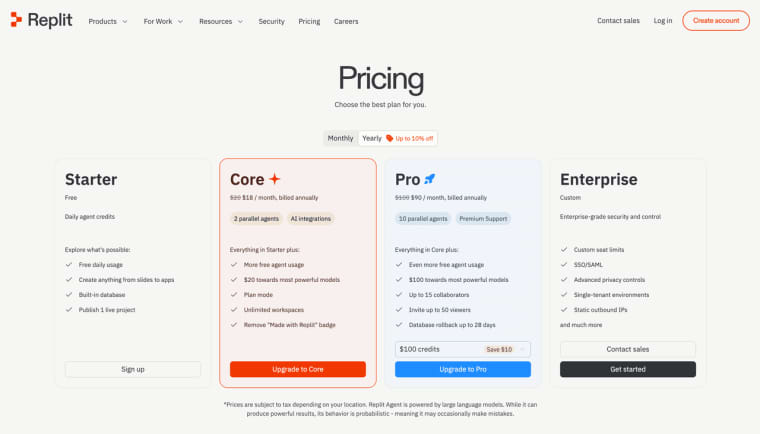 Compare Starter, Core, and Pro subscription plans to see what features are included with Replit Free Mode. 