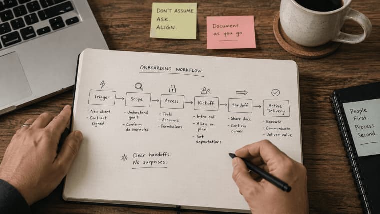 Follow this hand-drawn flowchart detailing every step of the client onboarding process from trigger to active delivery.