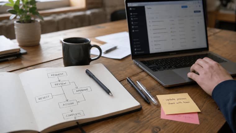 Sketching a workflow process on paper before developing an internal tool to automate team operations.
