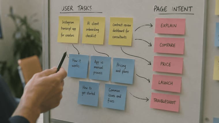 Visualize user tasks and page intent mapping strategies to plan content architecture for your AI app SEO.