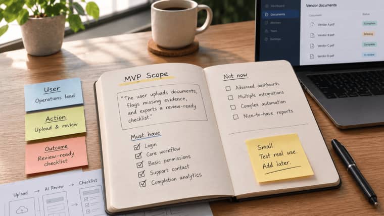 Notebook outlining MVP scope and features during a saas creation framework stages ideation validation mvp launch growth.