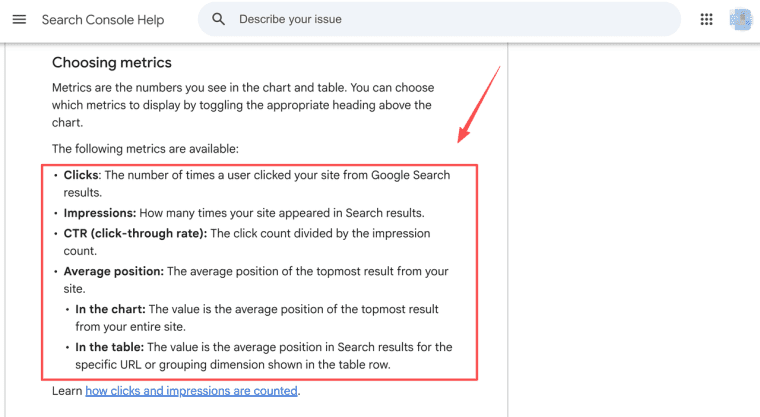 Understand key search metrics like clicks, impressions, CTR, and position to optimize OpenSEO AI apps.