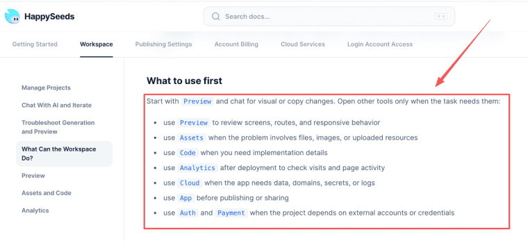 Review the workspace guide and tool execution steps when managing development tasks for OpenSEO AI apps.
