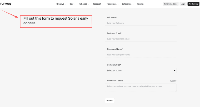 Learn how to sign up for early access through this Runway Solaris review form submission guide.