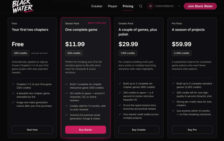 Explore subscription tiers and credit packs on the Black Water AI pricing page for interactive game creators.