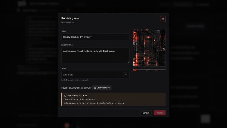 Publish your interactive stories using the game publishing dashboard interface provided by Black Water AI.