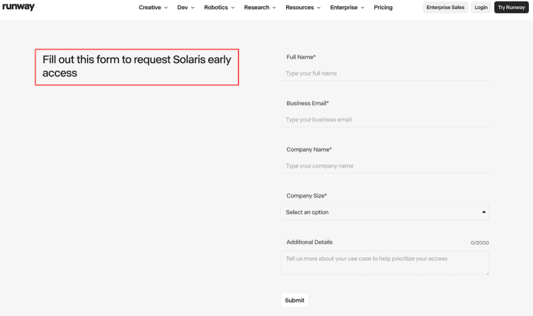 Submit your details in the early access request form when evaluating options in a Solaris vs AI app builder test.